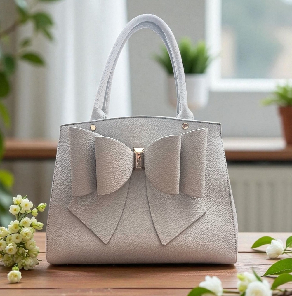 Crossi Light Gray Bow Front Handbag Satchel Zip Close Inside Pockets 11.5 x 9"